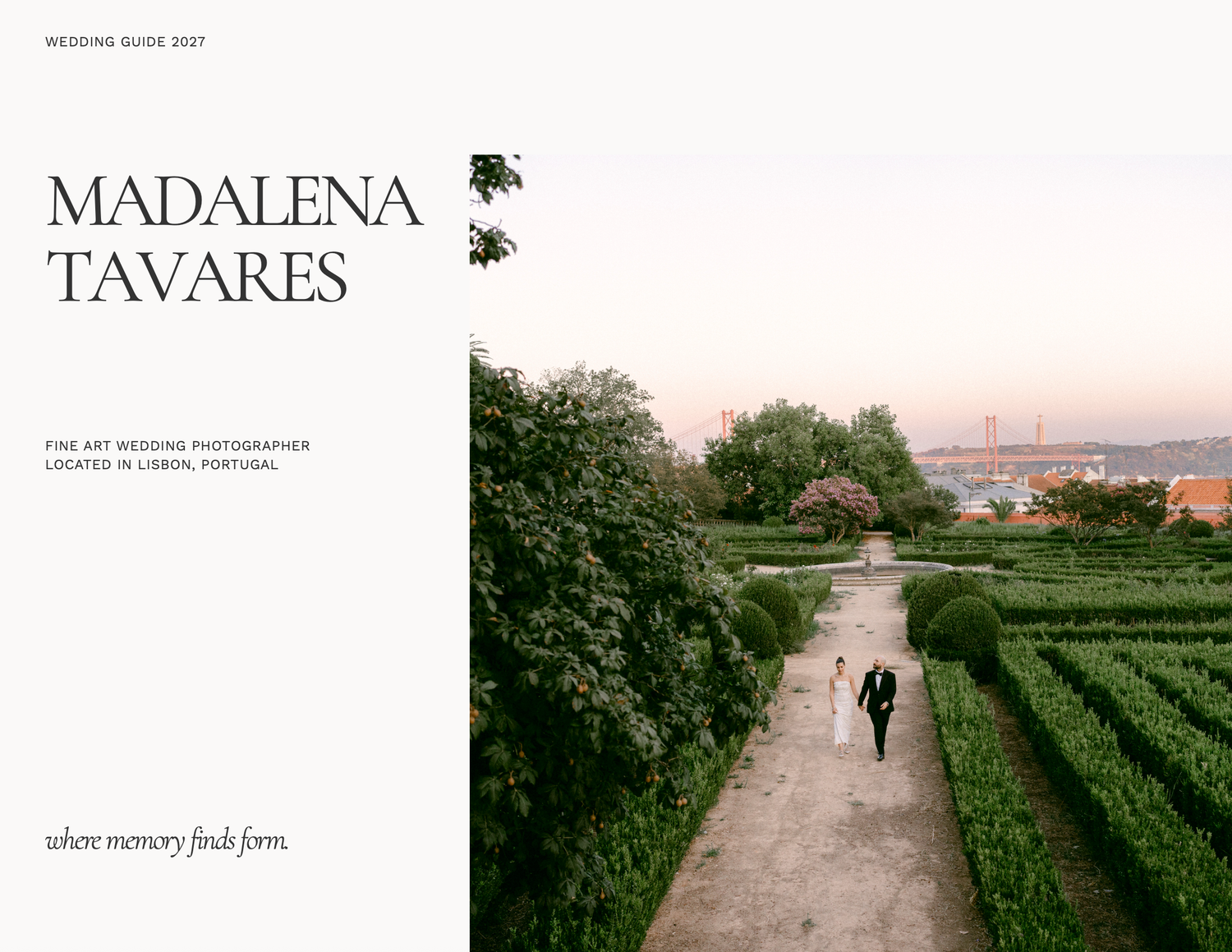 A couple walks through lush green hedged garden paths in Lisbon, Portugal, with a bridge visible in the background.