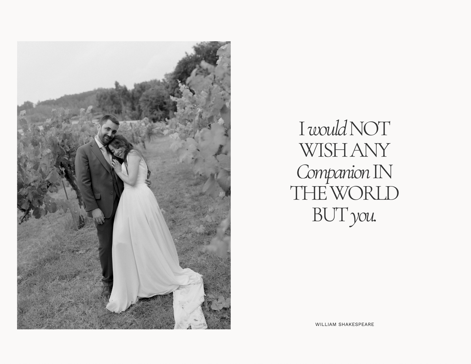 Black and white wedding photo of couple embracing in vineyard with Shakespeare romantic quote on elegant layout.