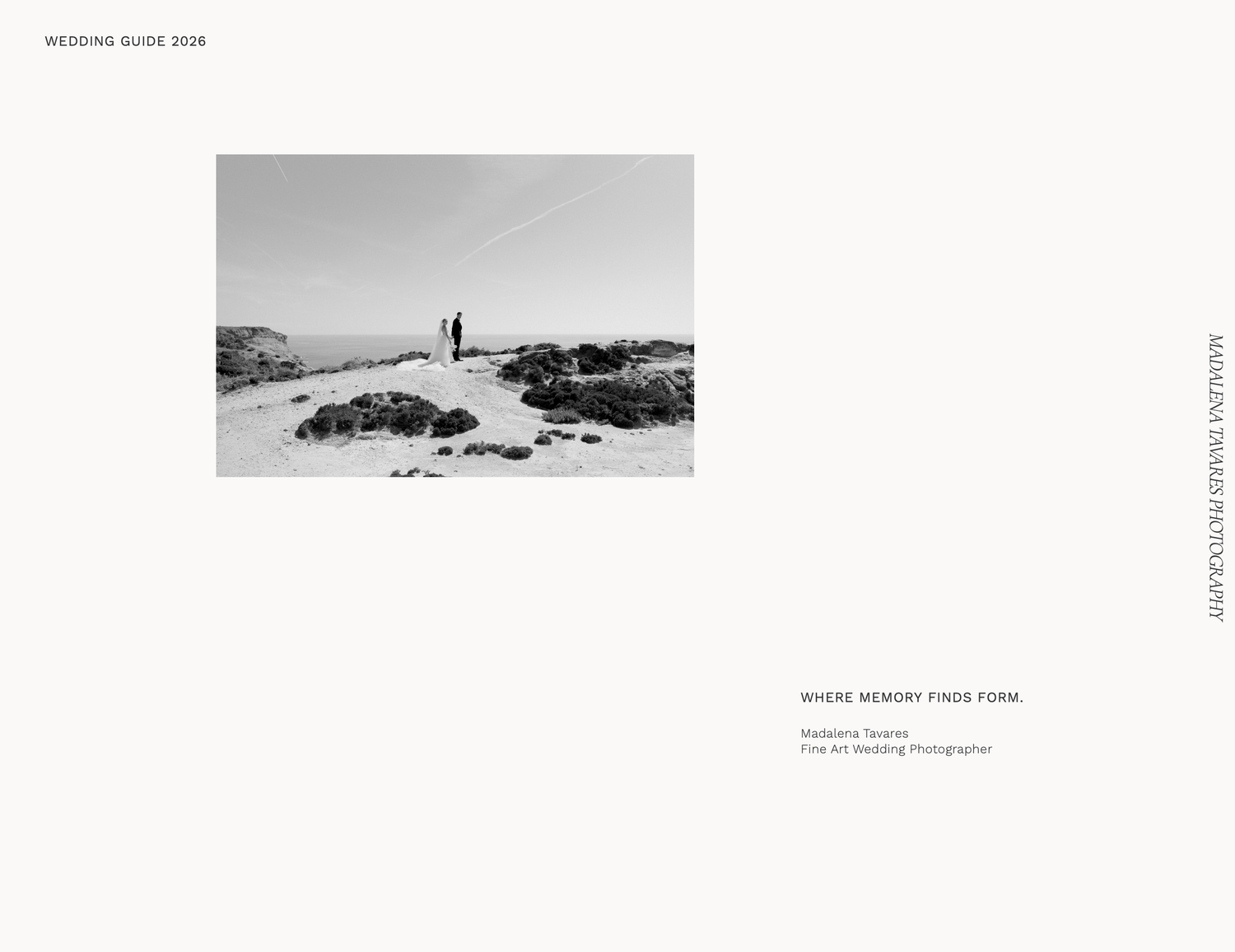 Black and white wedding photo guide cover showing couple on rocky beach, with text Where Memory Finds Form.