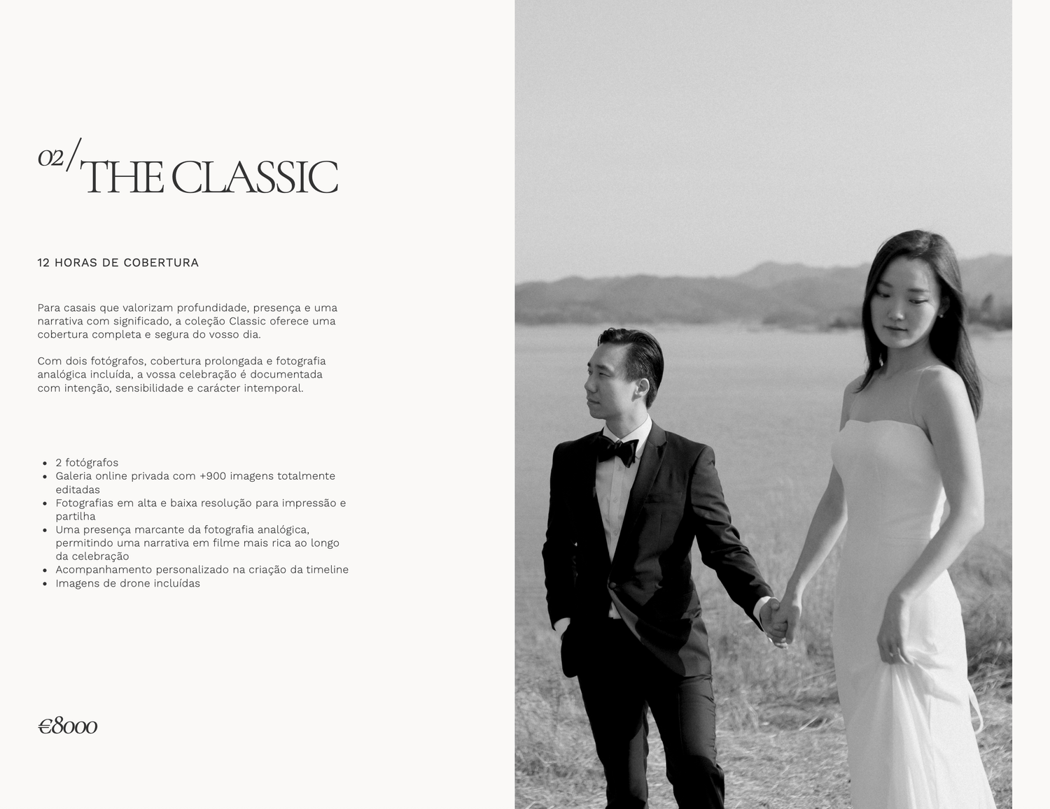 Elegant couple in wedding attire, groom in black tuxedo and bride in white gown, posing outdoors in a scenic landscape.
