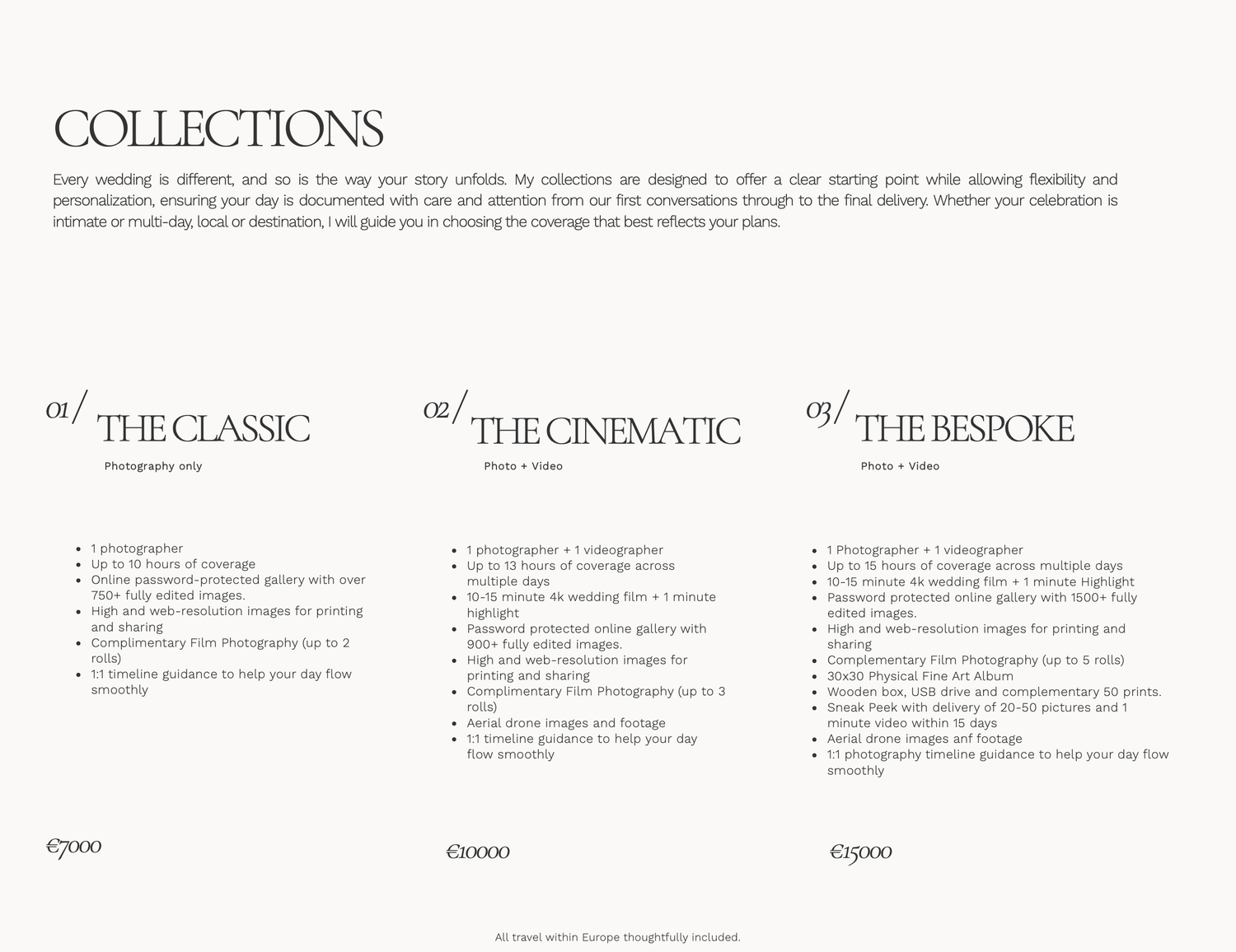 Wedding photography collections brochure showing Classic, Cinematic, and Bespoke packages with pricing details.