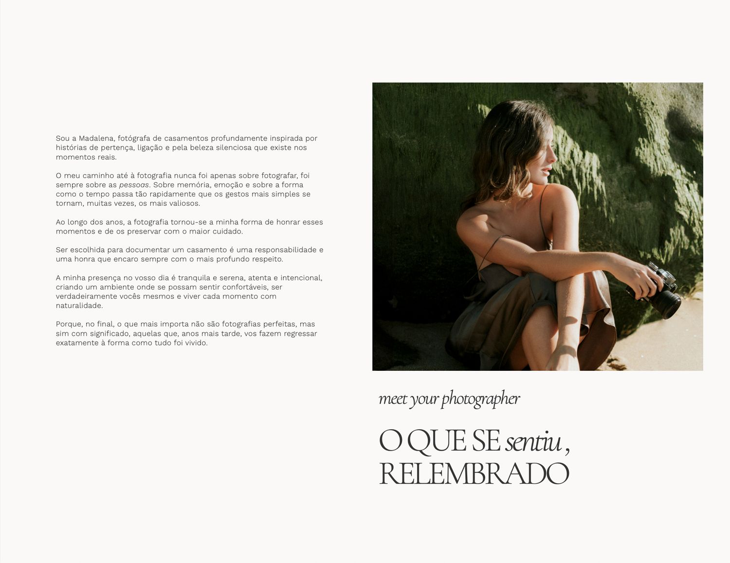 A woman sits gracefully on rocks in nature, featured in an elegant photography portfolio layout with Portuguese text.
