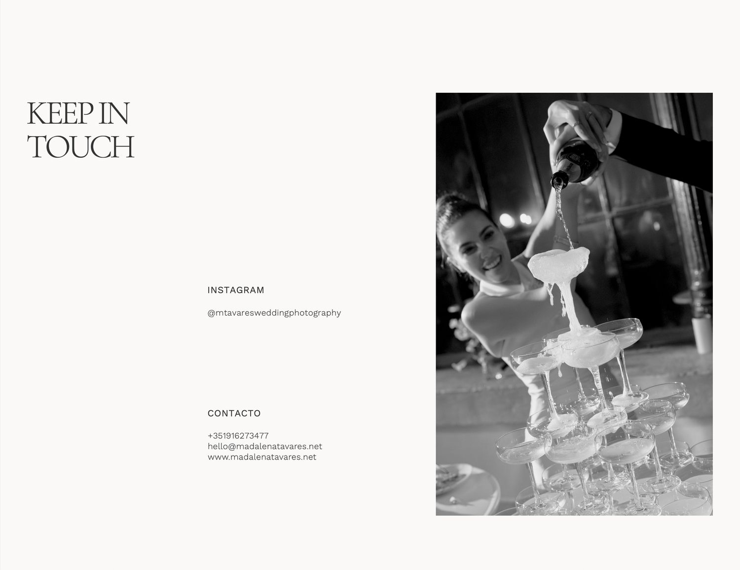 Black and white photo of a person pouring champagne into a tower of glasses at an elegant wedding reception.