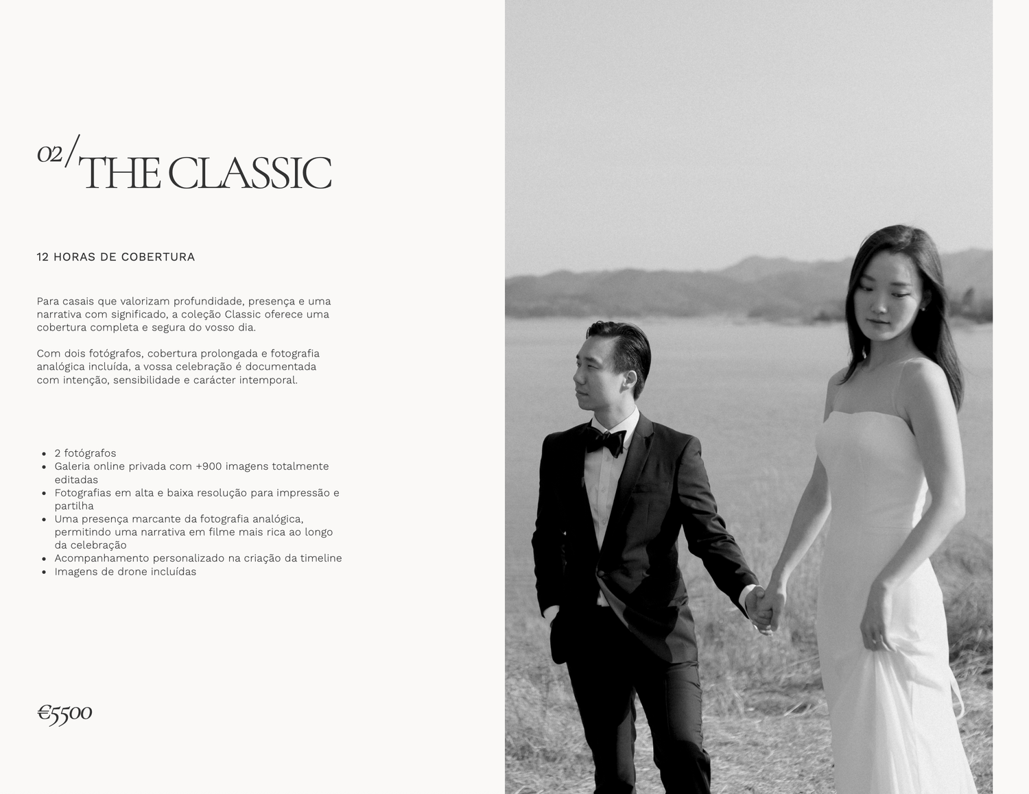 Elegant couple in wedding attire holding hands in a scenic outdoor setting, featured in a classic photography package brochure.