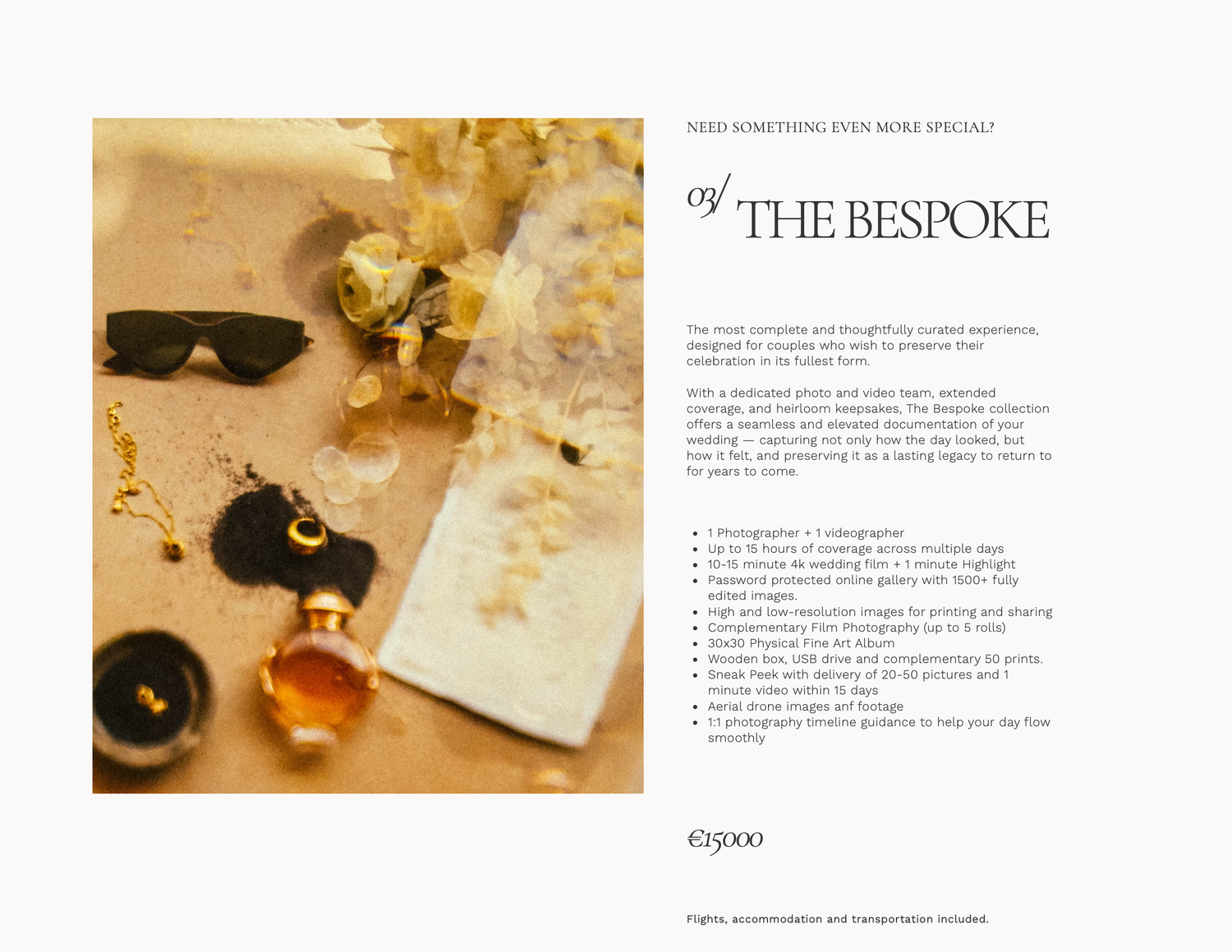 Luxury bespoke photography package advertisement featuring perfume, sunglasses, and golden floral accents on a elegant flat lay.