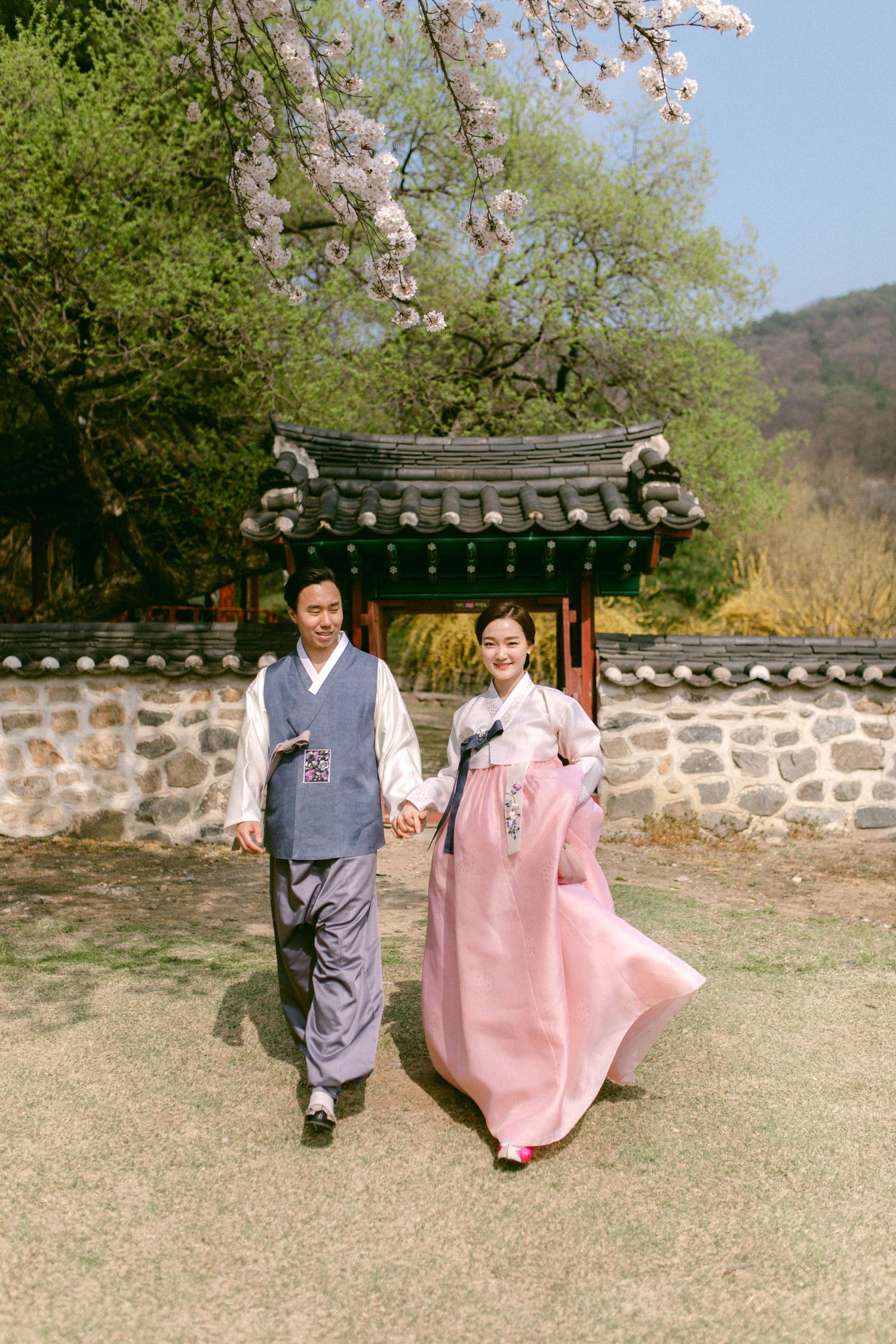 Couple wearing traditional Korean hanbok walking hand in hand near historic pavilion with cherry blossoms