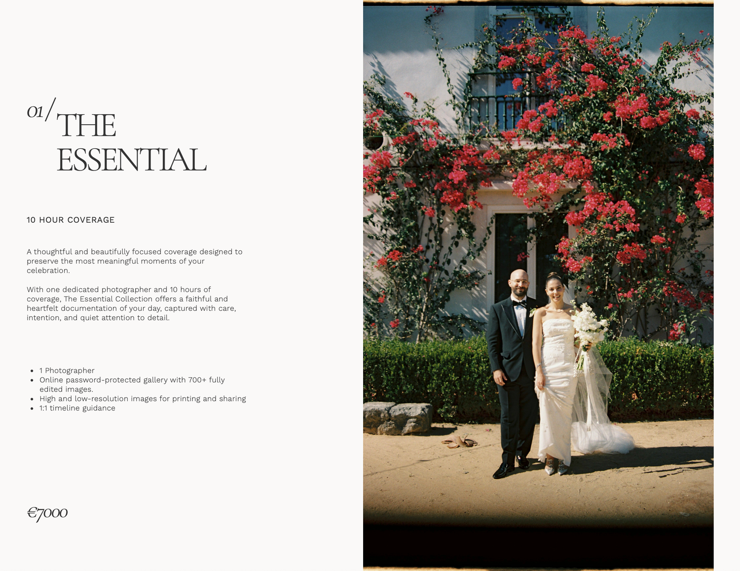Couple poses in front of flowering red vines at a wedding venue, featured in The Essential photography package.