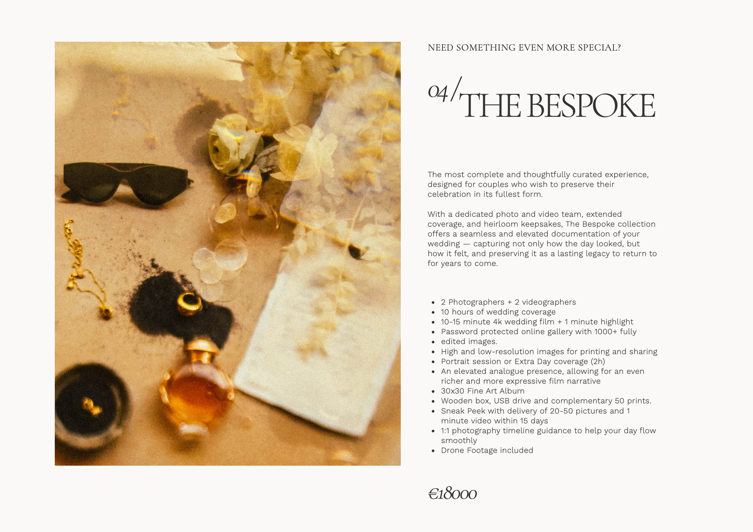 Luxury bespoke wedding photography package brochure featuring sunglasses, gold jewelry, and floral accents on elegant cream background.