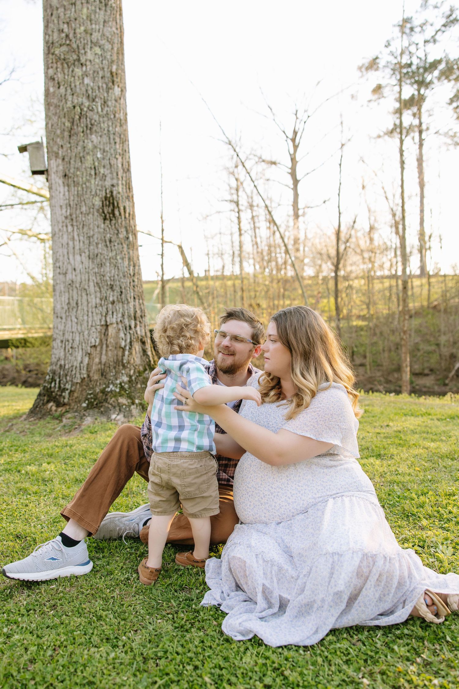 Pregnant woman in white dress sits on grass with husband and toddler son near a tree at golden hour.