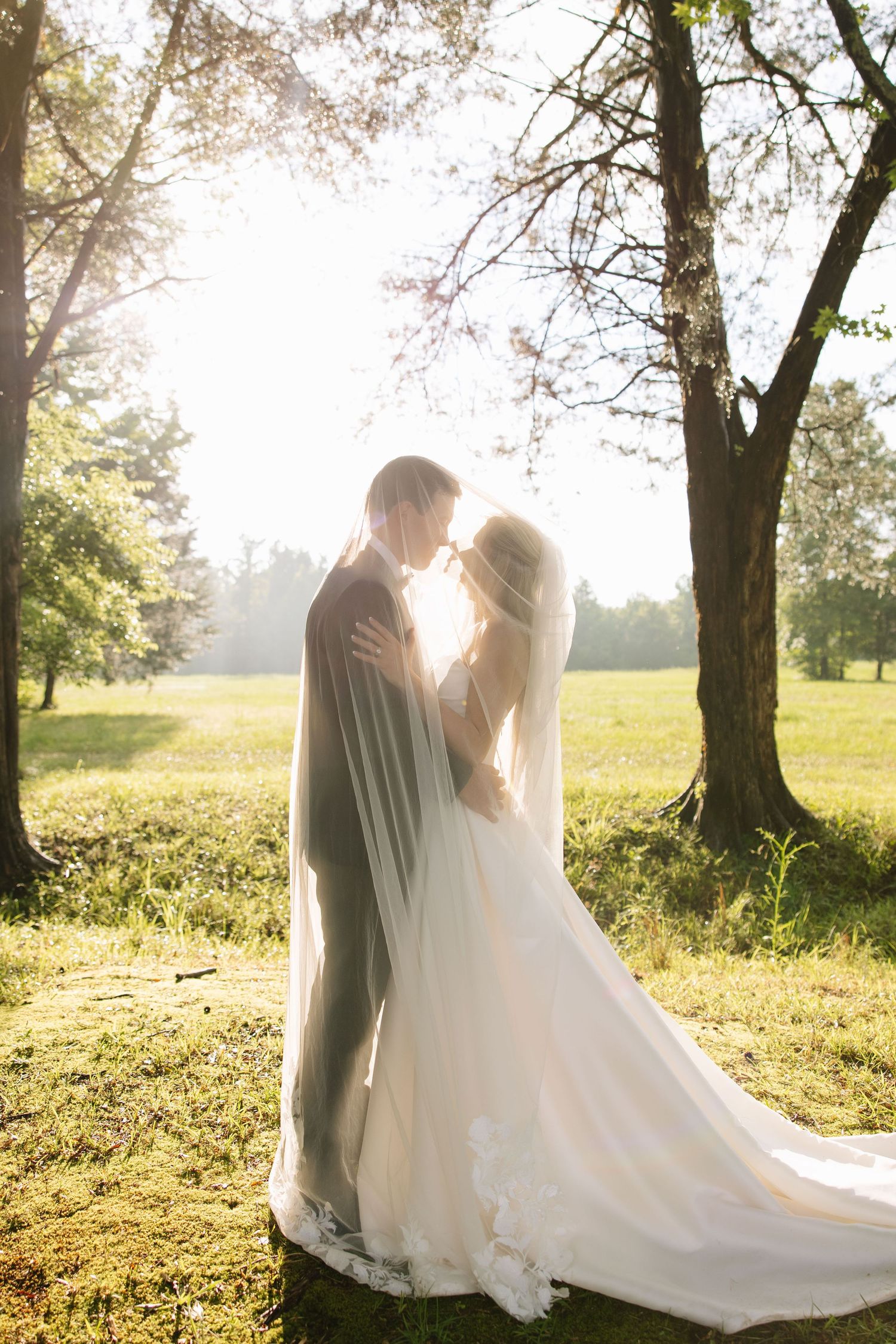 Bride and groom sharing romantic moment under sunlit trees, bride wearing flowing veil and lace wedding gown.