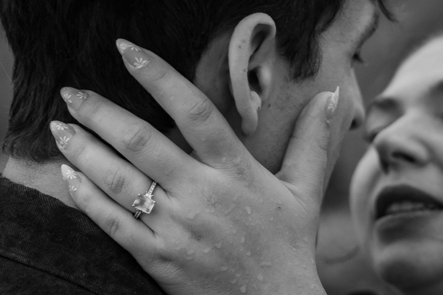a detail shot of a ring during a rainy engagement shoot on Bogus Basin Road in Boise, Idaho.