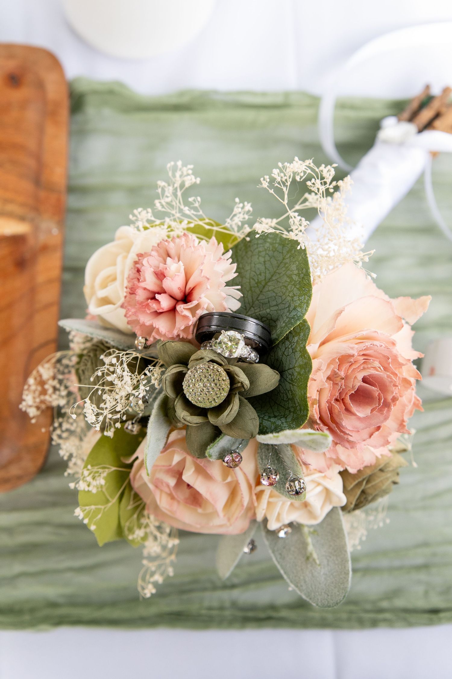 Ring detail shots in a beautiful flower bouquet in Boise, Idaho wedding.