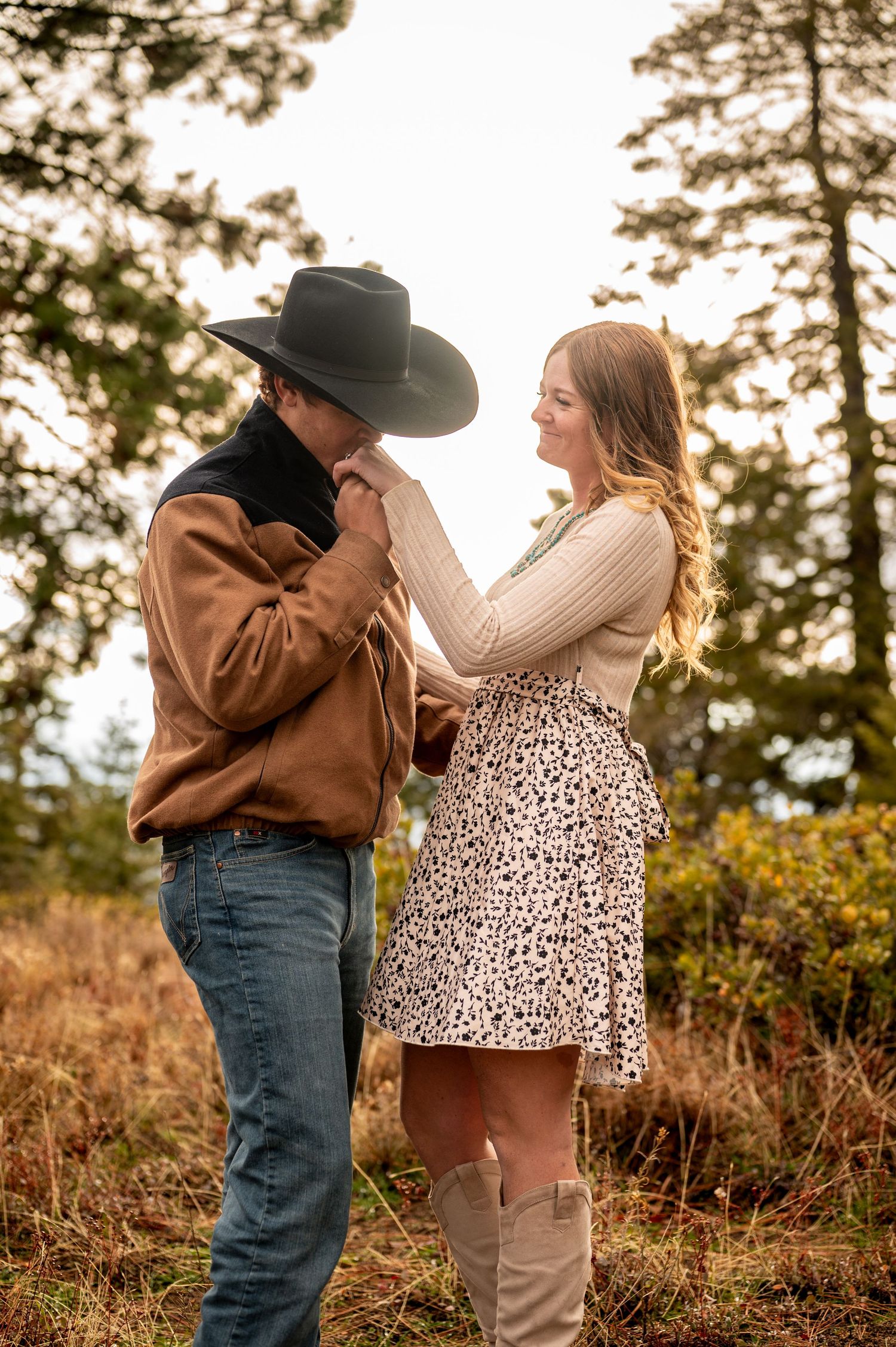 a cowboy and his fiancé in the mountains of Boise, Idaho.