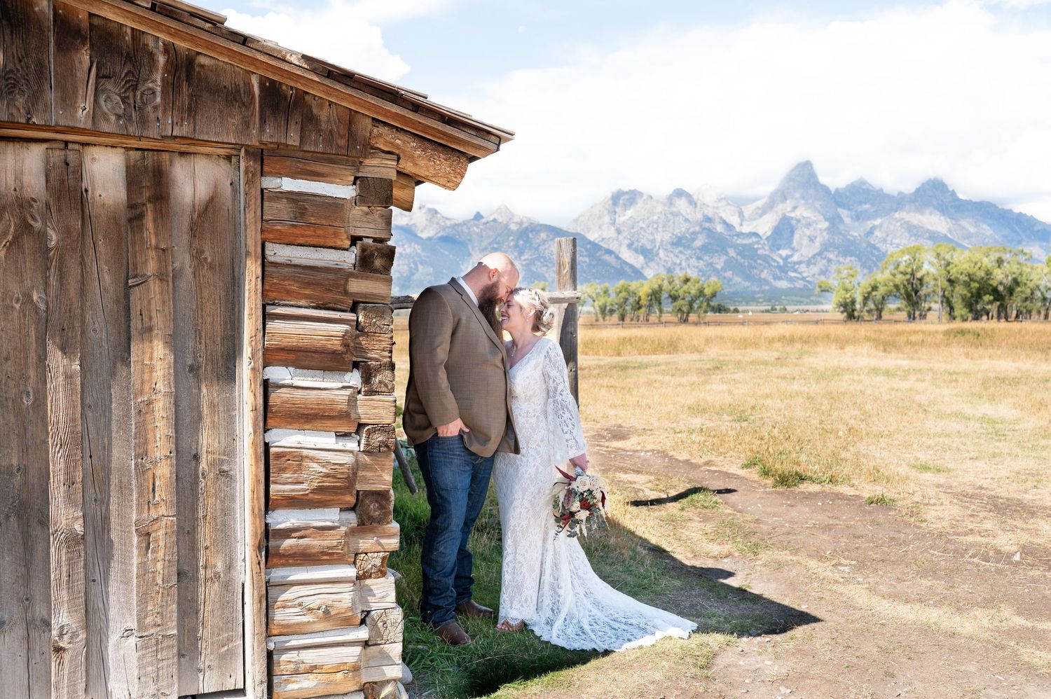 Bride and Groom portraits in Grand Teton National Park at the famous Mormon Row barn.