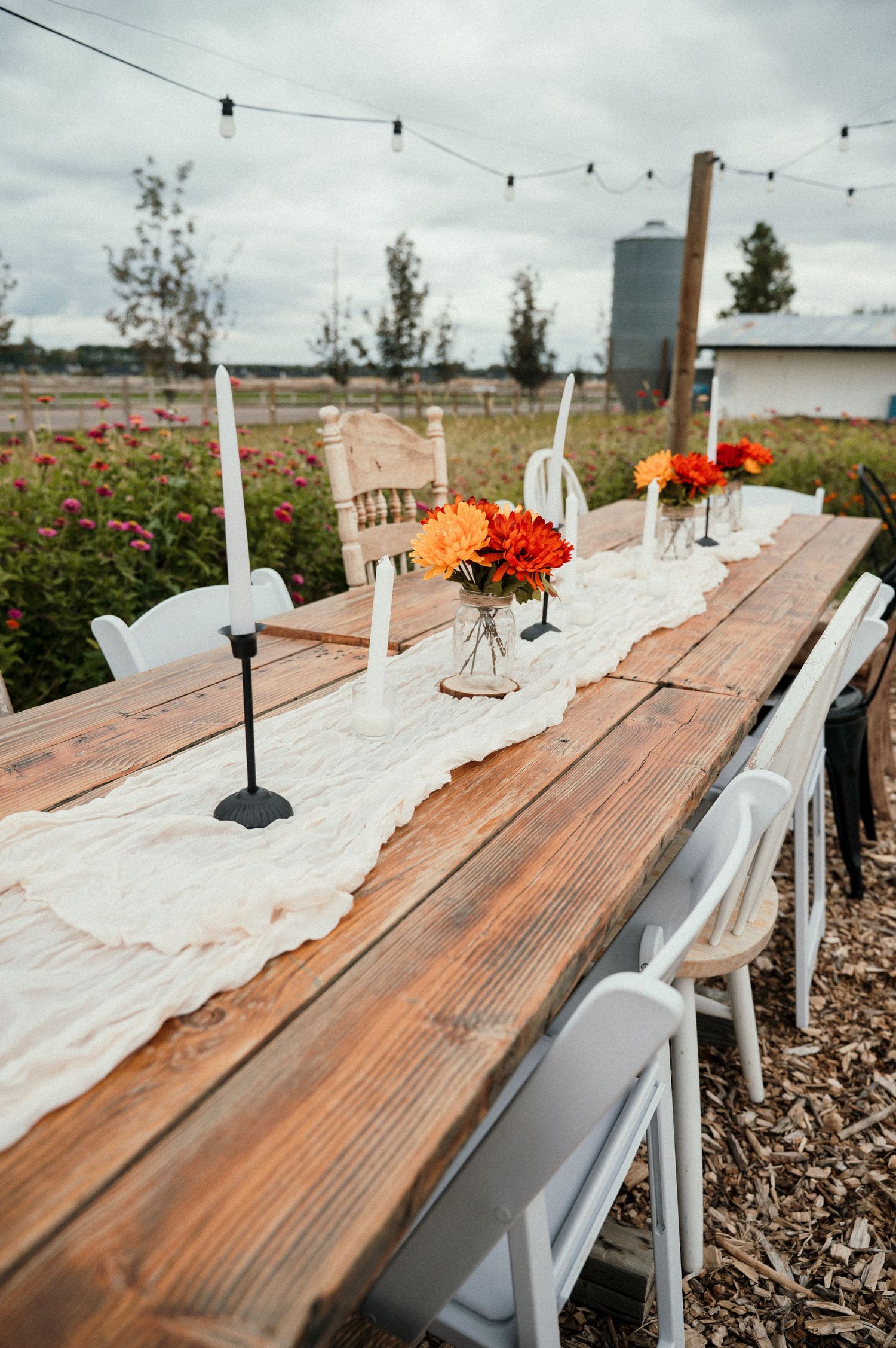 a timeless farm style table set up at good life farms in eagle, idaho