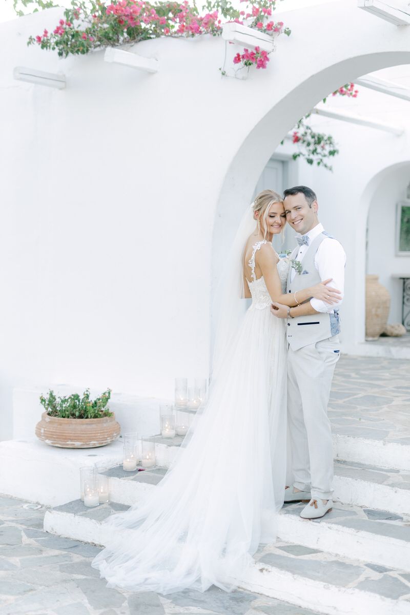Destination wedding portrait on the Athens Riviera with refined garden setting