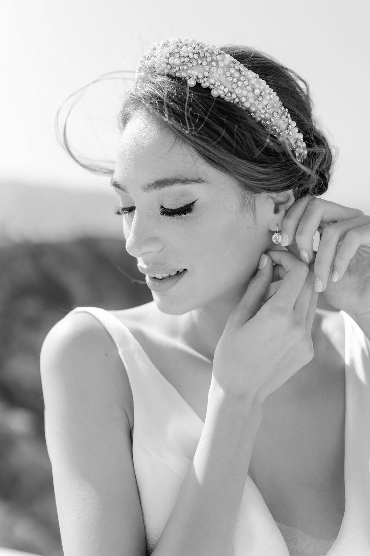 Black and white bridal portrait series showing delicate details of pearl headpiece and romantic profile poses athens riviera