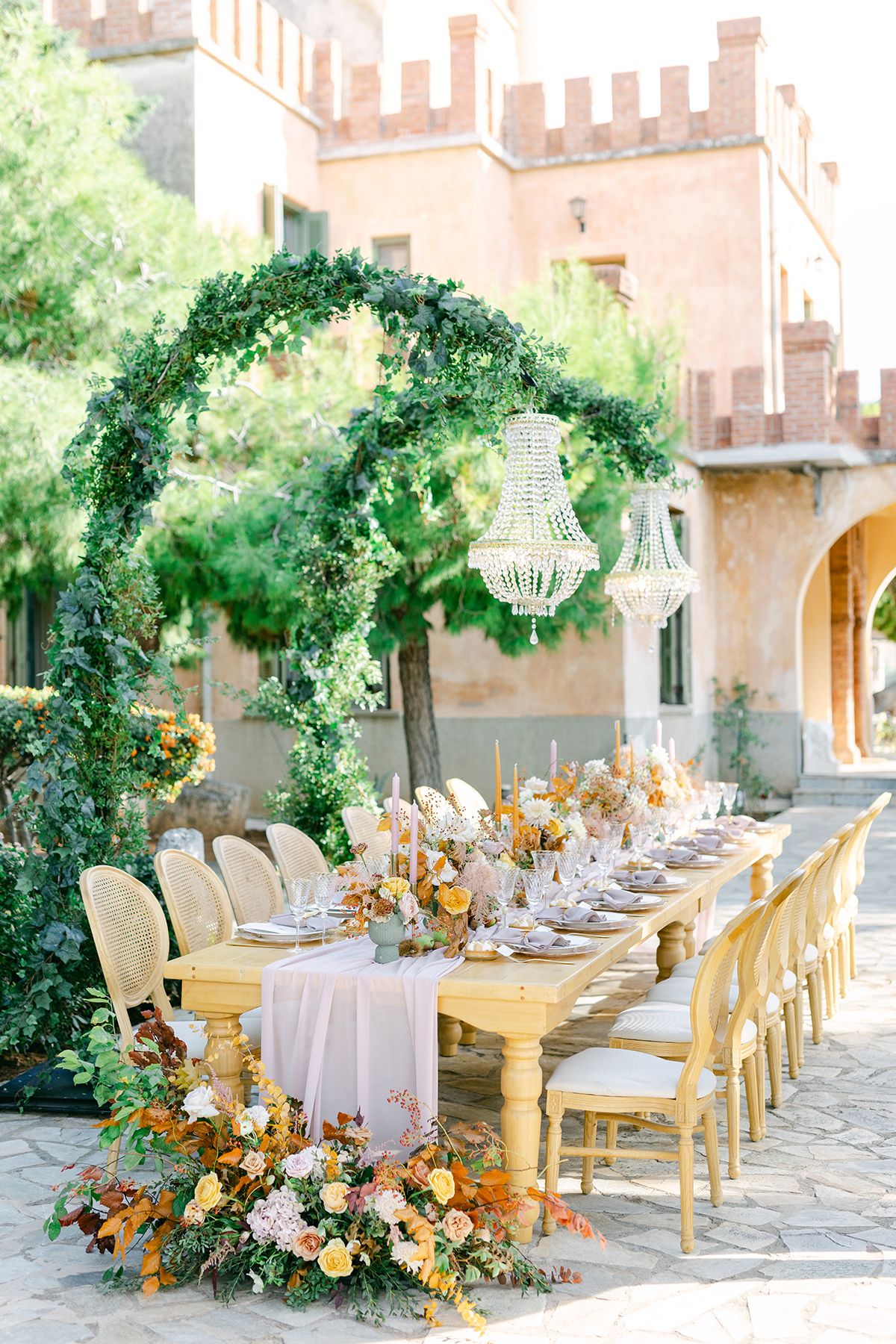 Elegant wedding decoration arranged for a photograph in Greece.