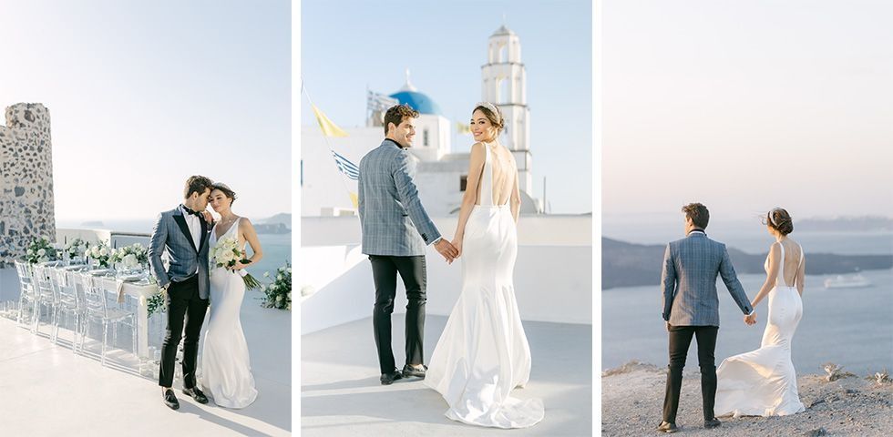 Couple portrait during a Santorini elopement in Greece, with Aegean views in soft golden light.