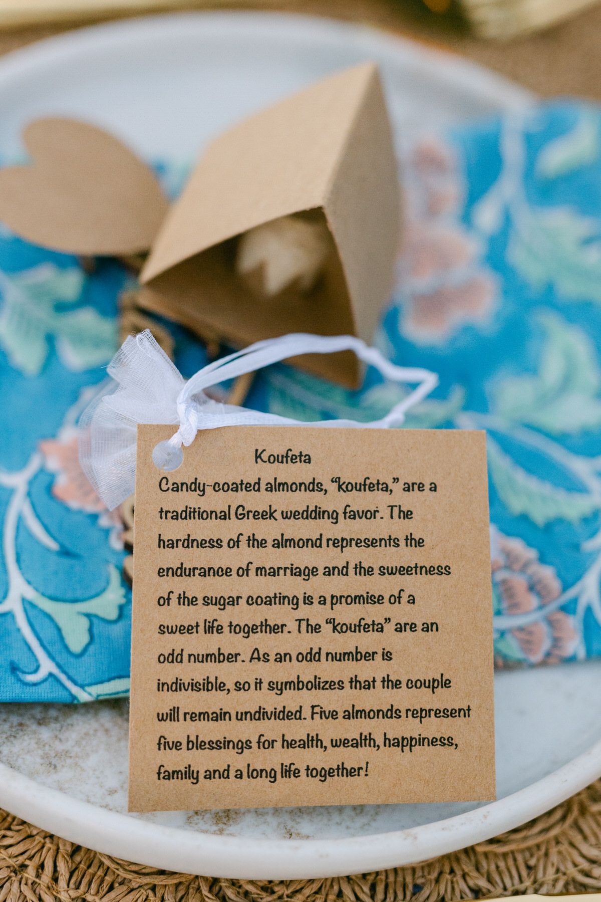 Wedding favor tag explaining the Greek tradition of Koufeta almonds with turquoise blue background details.