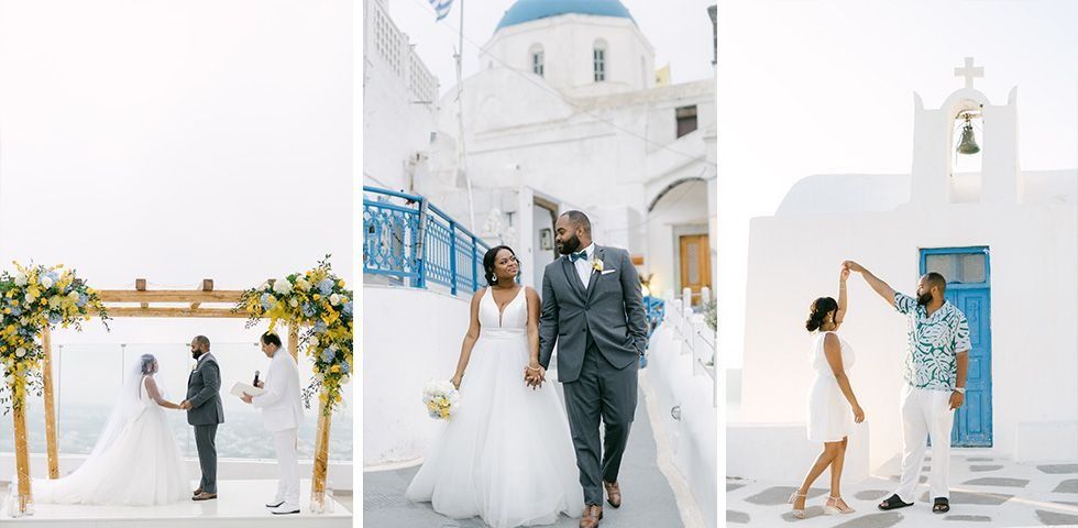 Bride and groom portrait in Santorini, Greece, with Aegean views in soft golden light.