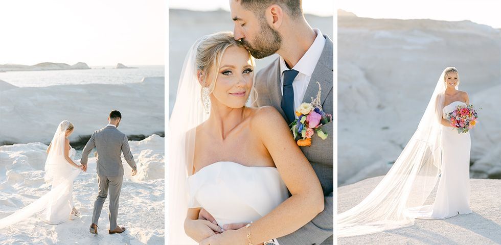 Couple portraits on the coastline in Milos, Greece, photographed in soft golden light.