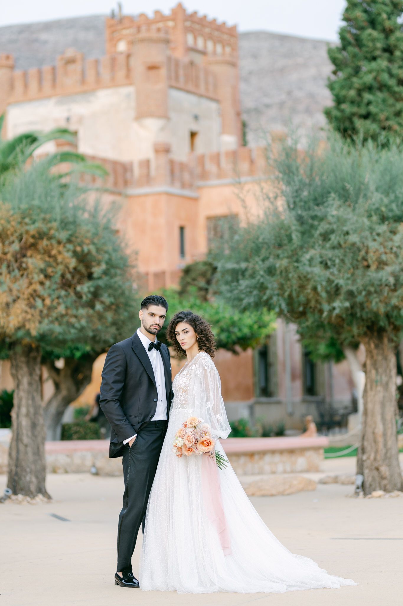 Bride and groom portrait at Pyrgos Melissourgou wedding venue in Athens, Greece.