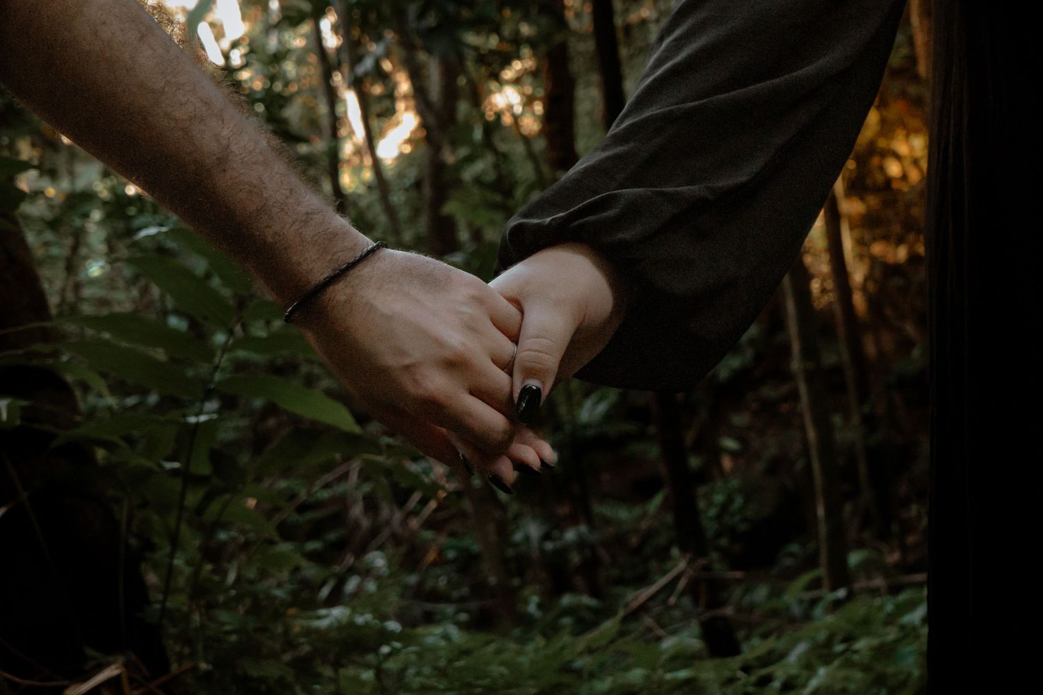 Hands reaching toward each other in a romantic gesture against a dark forest background.