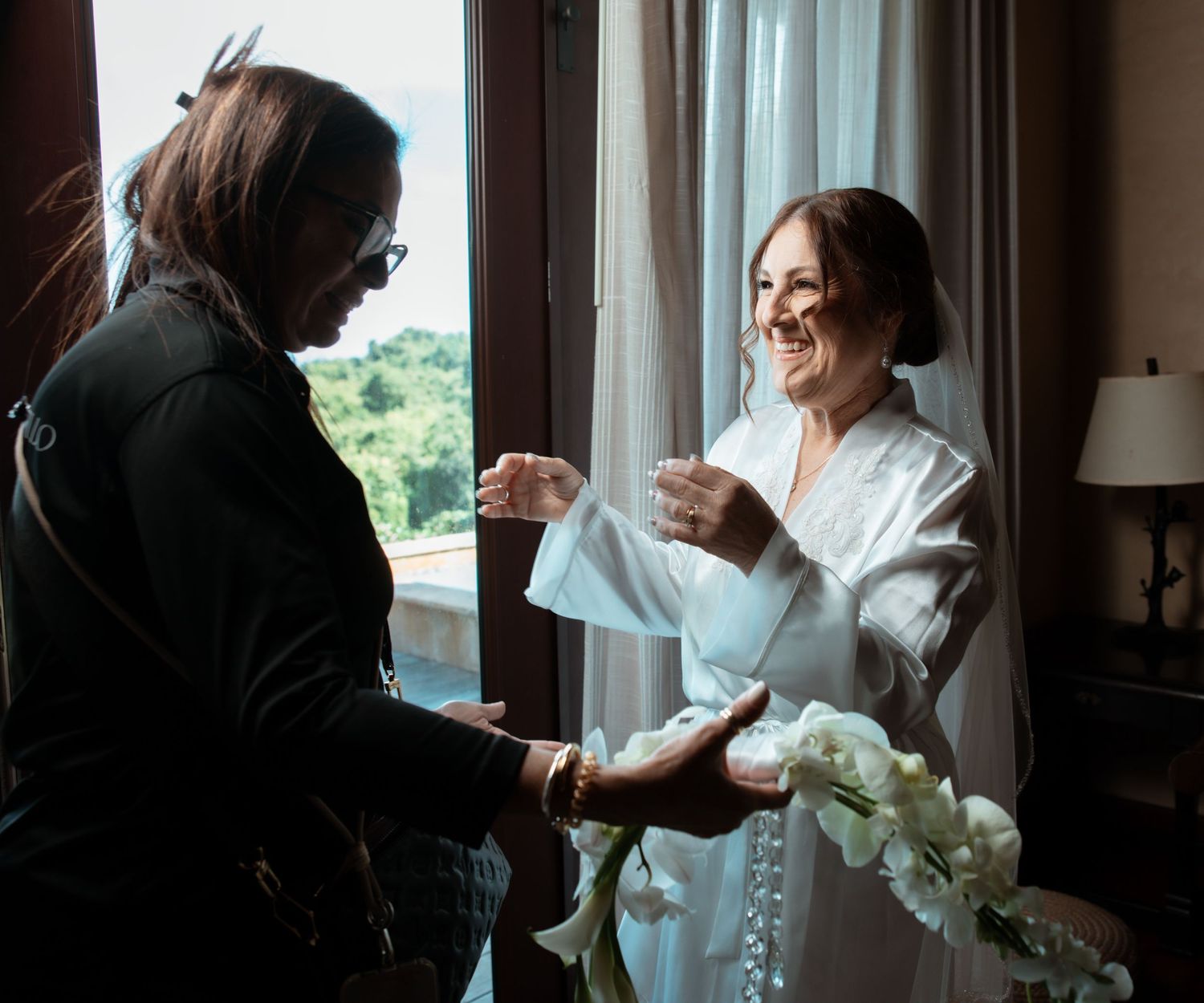 A panoramic sequence of wedding preparation moments showing dress details and morning preparations by a window.