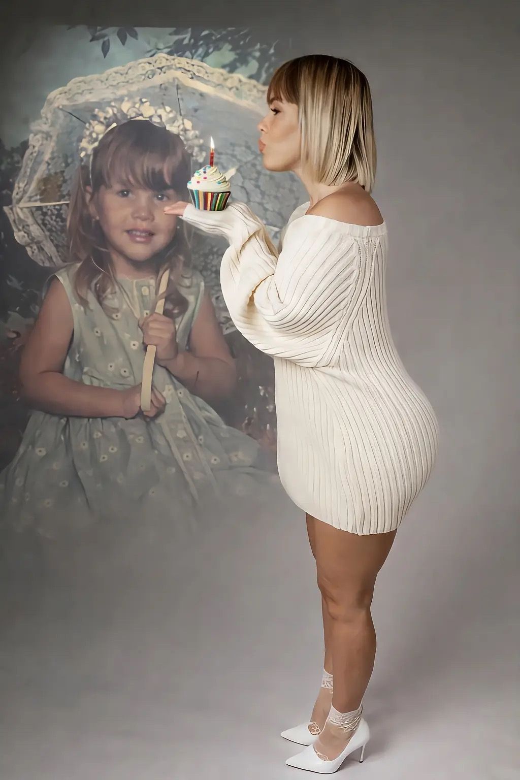 A series of maternity photos showing a pregnant woman in a white sweater dress against a gray studio backdrop.
