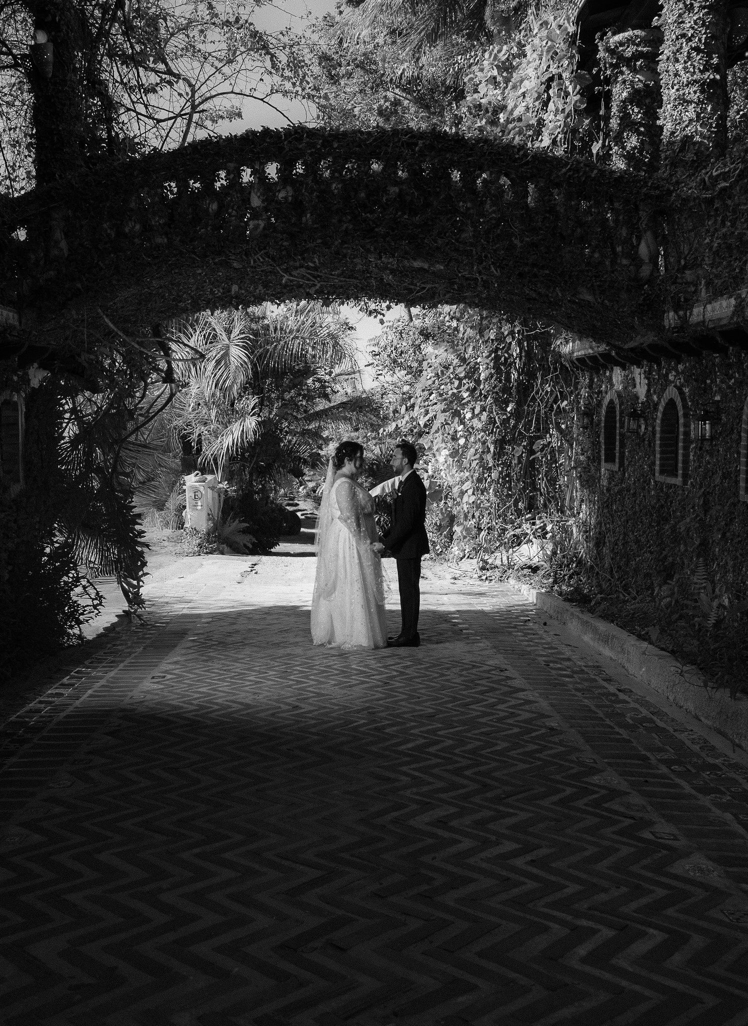 Bride and groom share a romantic moment under a stone arch bridge surrounded by lush ivy in a black and white wedding photo.