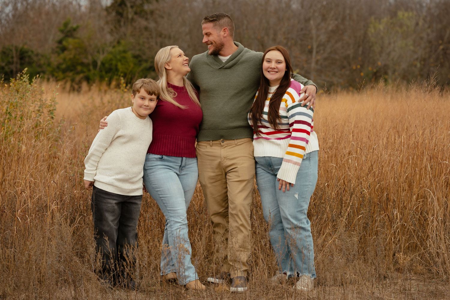 Series of candid family portraits captured in a rustic outdoor setting.