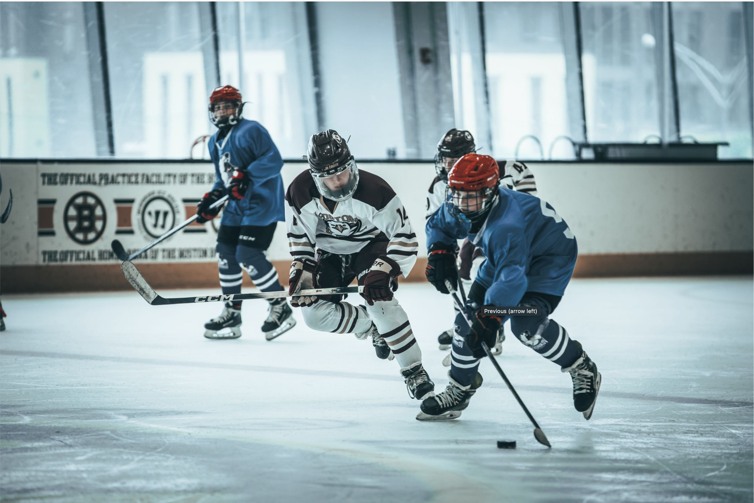 Ice hockey players in light and dark jerseys battle for the puck during an intense game.