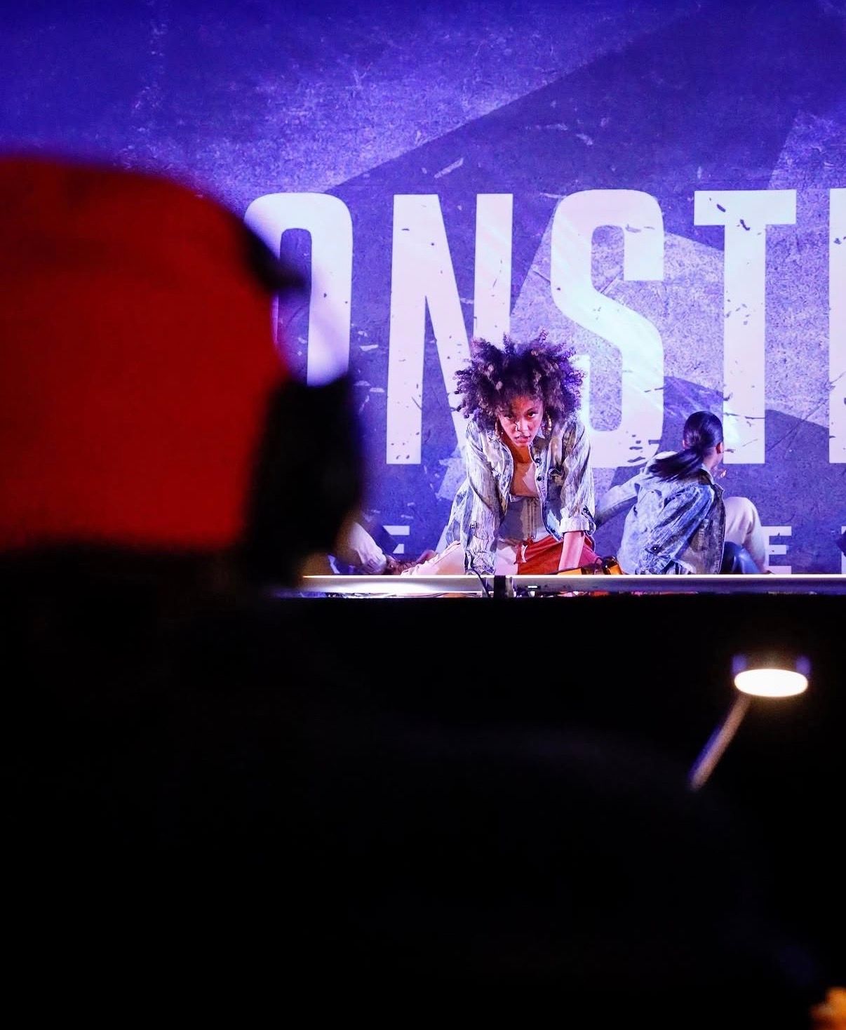 Silhouetted DJ performs on stage with vibrant purple and red lighting effects creating a dramatic concert atmosphere.