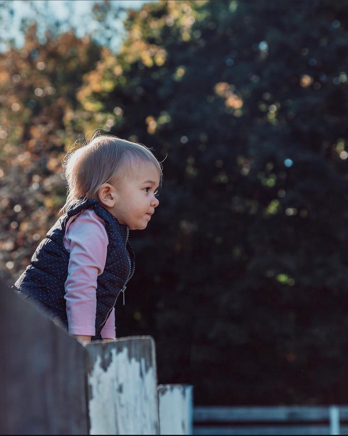 A young child in a vest and pink shirt leans thoughtfully against a wooden fence post on an autumn day.