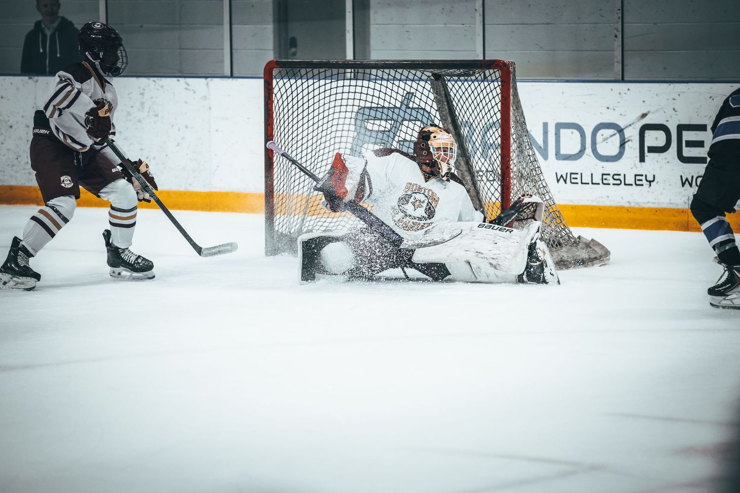 Hockey players compete for the puck during an intense ice hockey match on a professional rink.