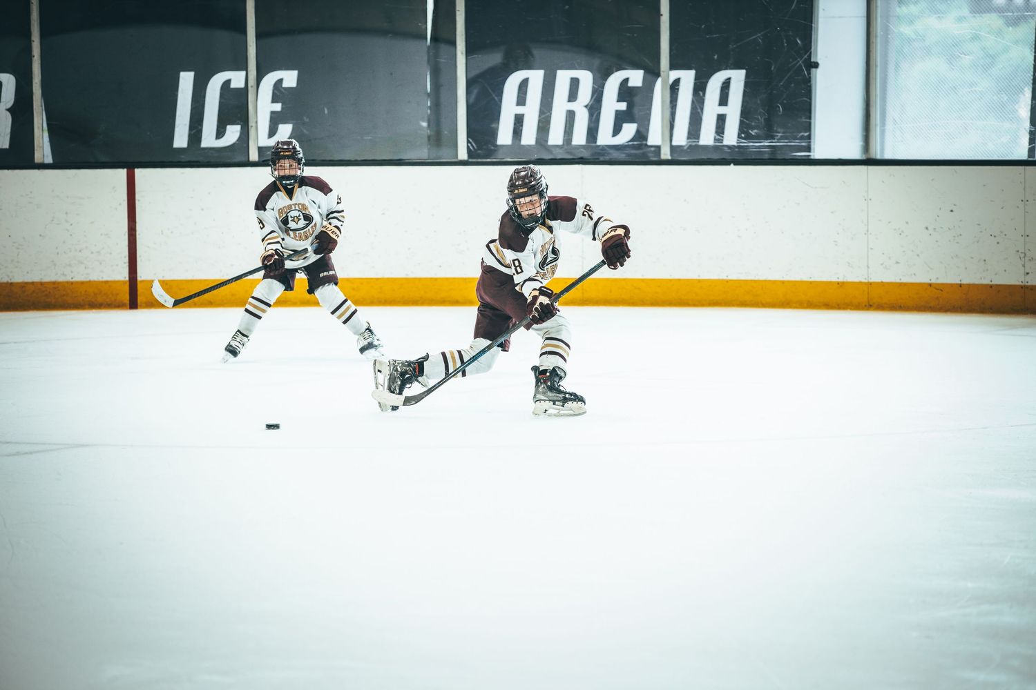 Ice hockey players compete on a rink during a game with blurred motion from fast-paced action.