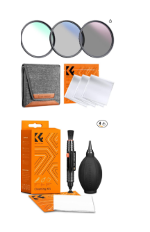 K&F Concept camera lens filter kit with cleaning set, including UV filters, lens pen, air blower, and microfiber cloths.