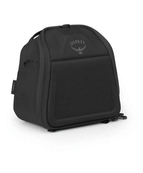 Osprey black ski boot bag with zippered closure, carry handle, and embroidered logo on front panel.