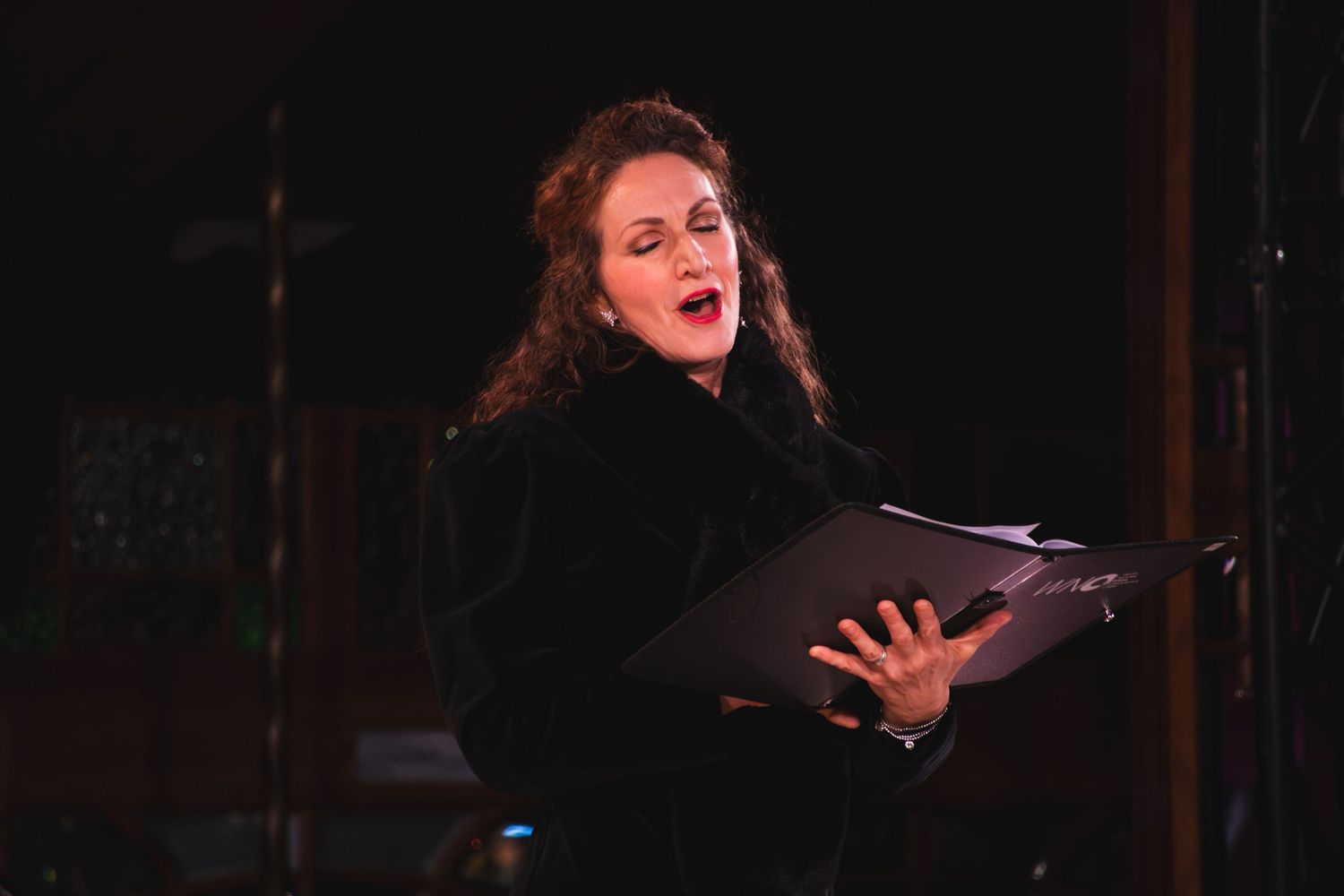 Soloist performs passionately on stage with dramatic lighting and dark background.