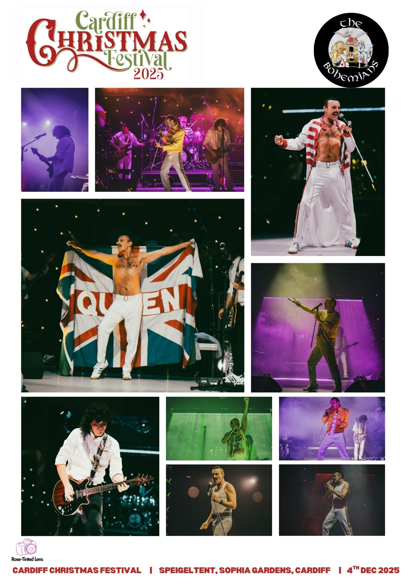 Photo collage from Cardiff Christmas Festival showing various concert performances and stage moments.
