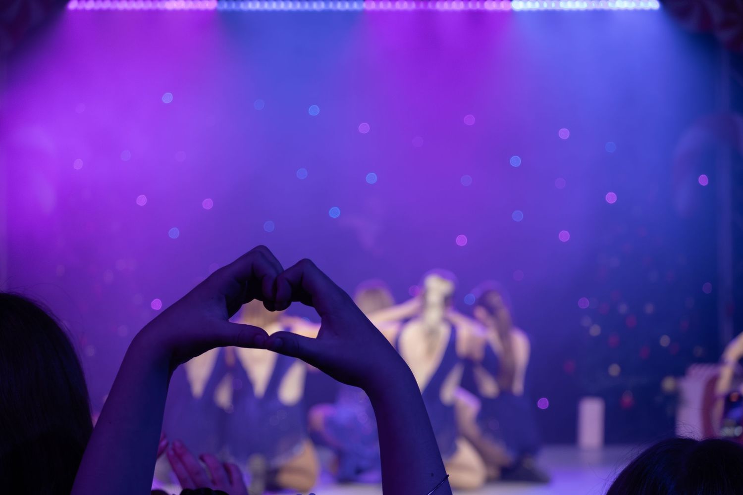 Silhouetted crowd forms heart shapes with hands during a concert performance.