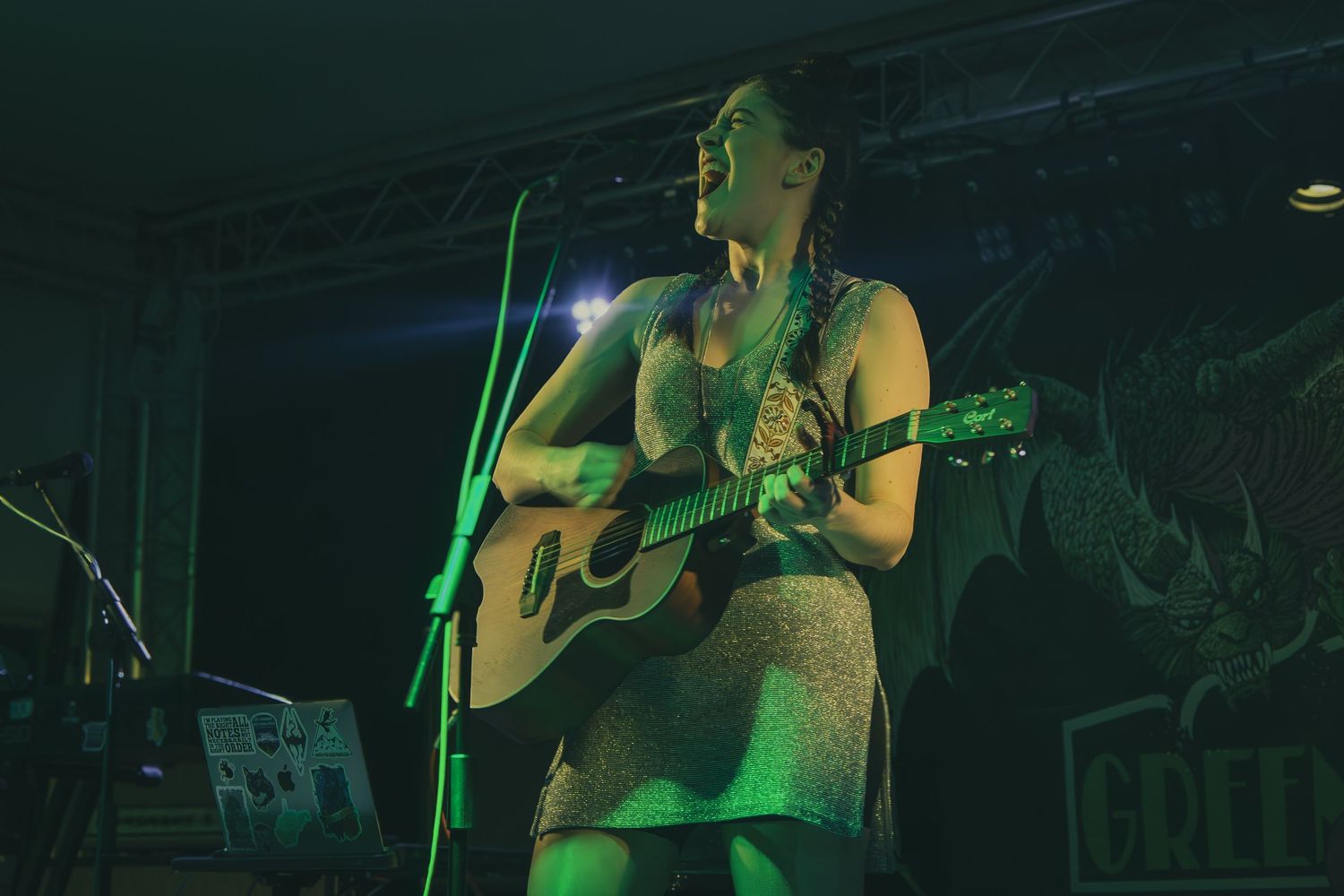 A musician performs on stage with a guitar under dramatic green lighting at a concert venue.