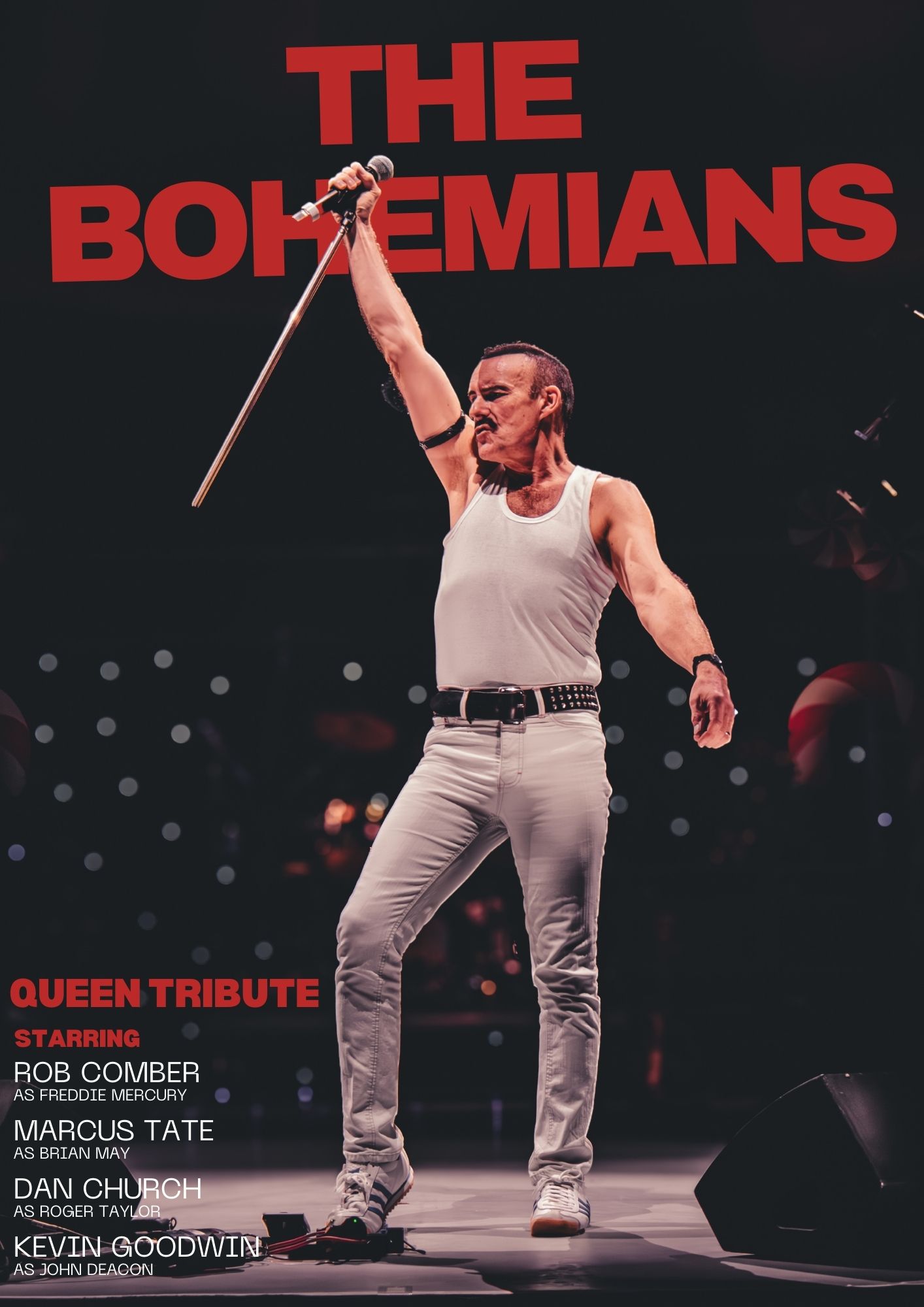 Rock band tribute performance with red text 'THE BOHEMIANS' displayed against dark background.