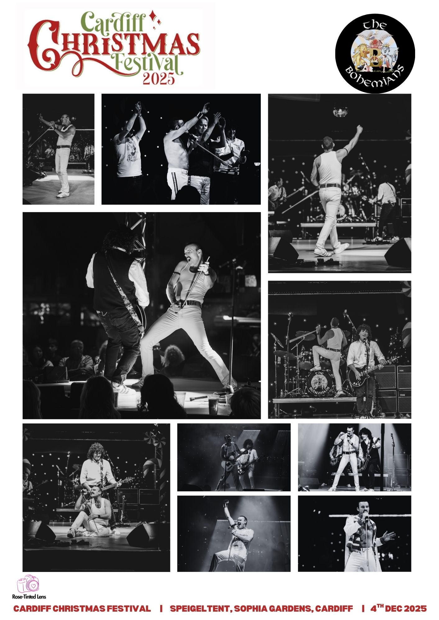 Black and white collage of performance photos from the Cardiff Christmas Festival showing stage acts and musical performances.