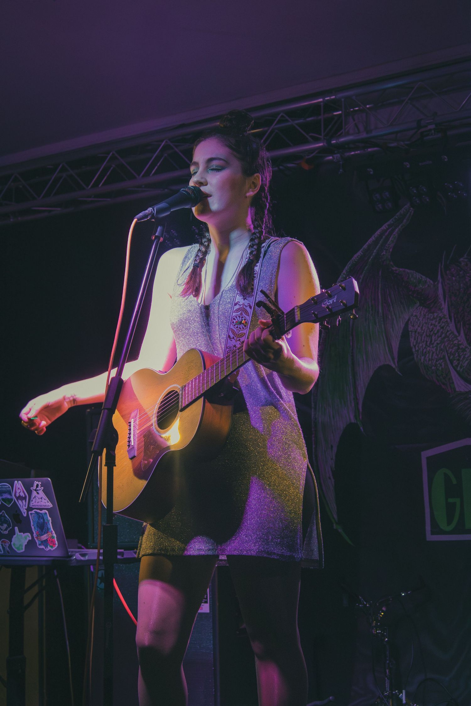 A musician performs on stage with an acoustic guitar under purple lighting at a concert venue.