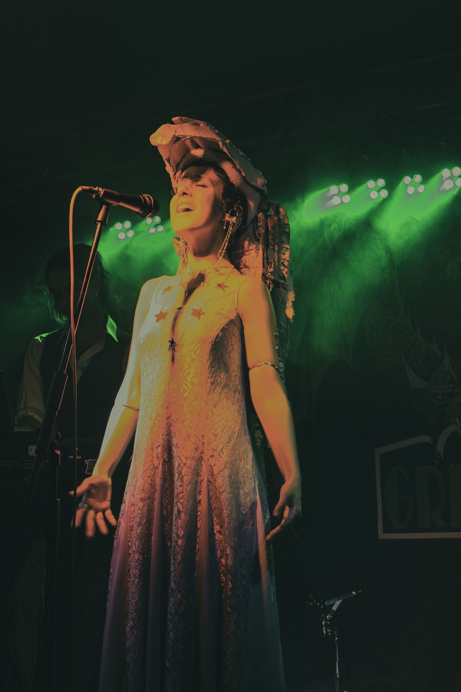 A performer in a sparkly dress sings passionately on stage with dramatic green lighting in the background.