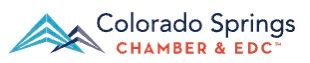 Logo for Colorado Springs Chamber and EDC featuring stylized blue and purple mountain peaks.