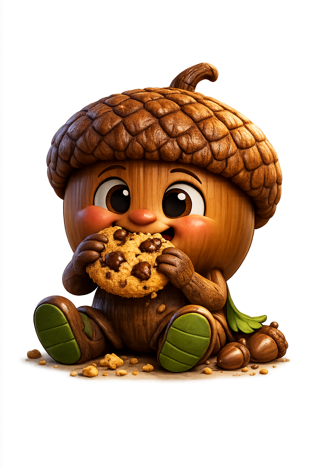 Adorable illustrated acorn mascot munching on a chocolate chip cookie.