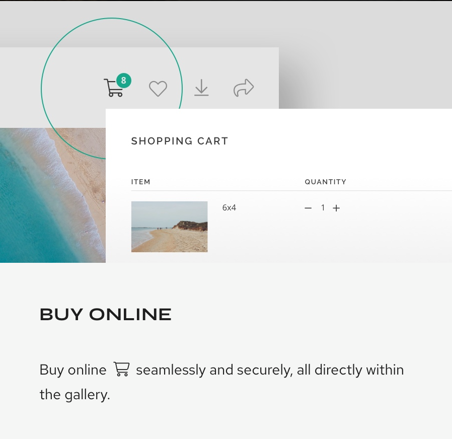 E-commerce shopping cart interface showing beach photo product and buy options.